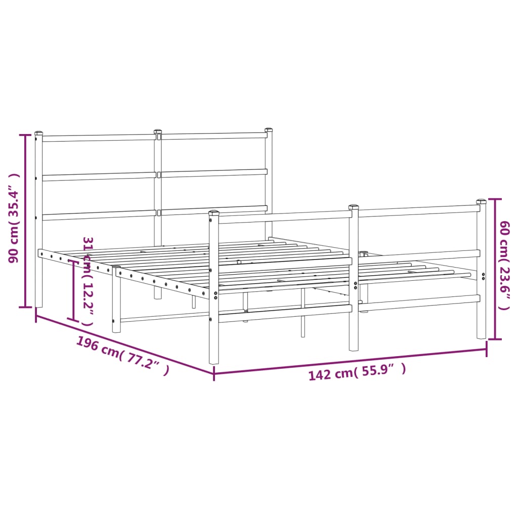 Cadre de lit métal sans matelas avec pied de lit noir 135x190cm - XIOS