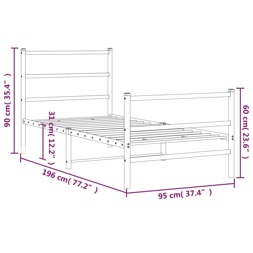 Cadre de lit métal sans matelas avec pied de lit blanc 90x190cm - XIOS