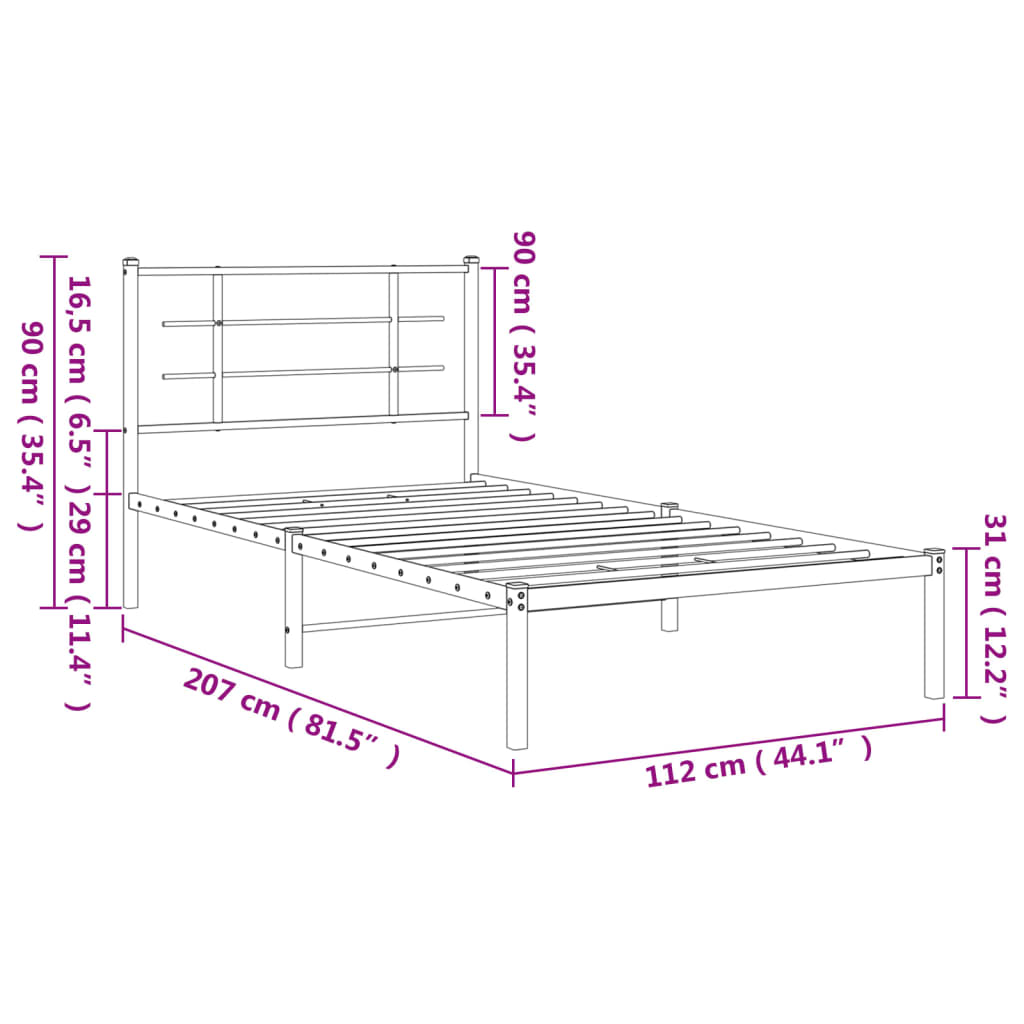 Cadre de lit métal sans matelas avec tête de lit noir 107x203cm - XIOS