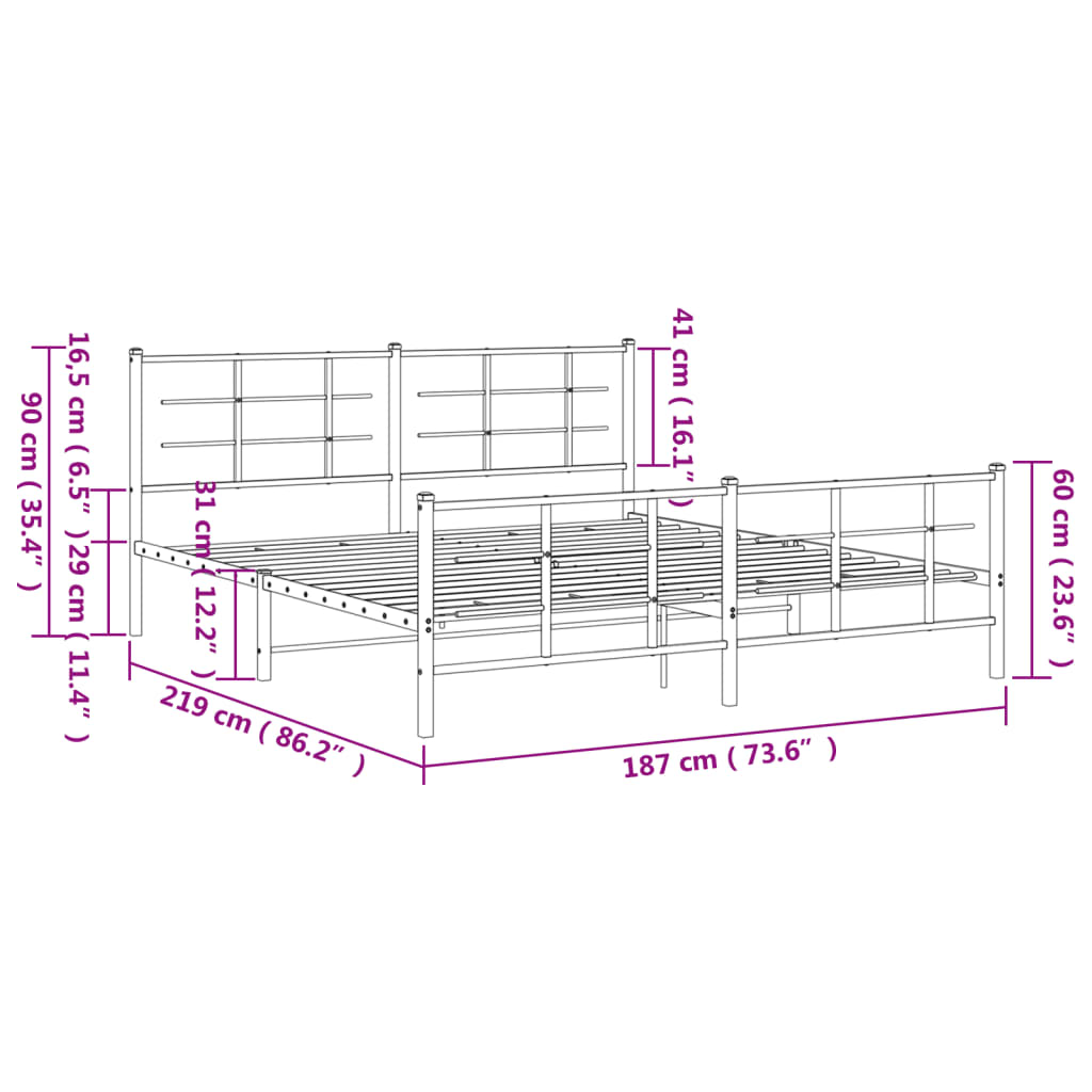 Cadre de lit métal sans matelas avec pied de lit noir 183x213cm - XIOS