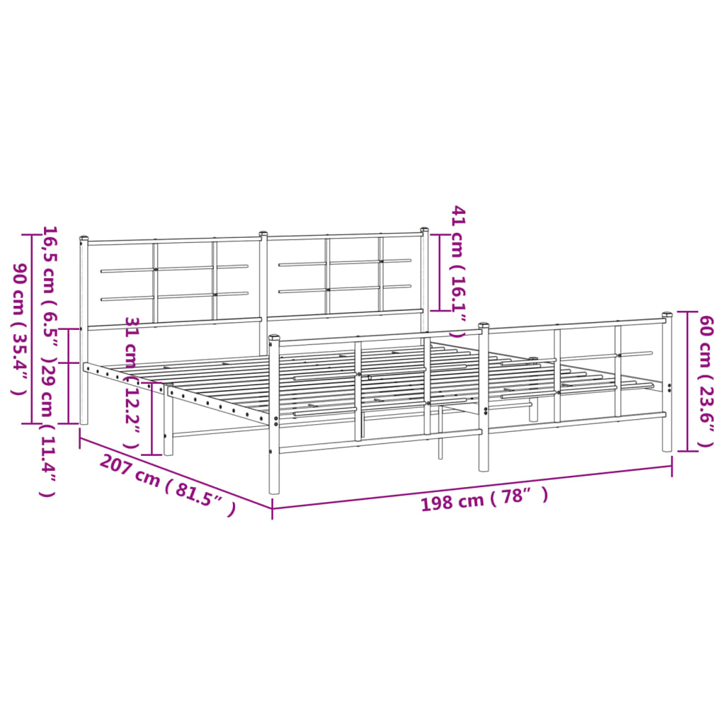 Cadre de lit métal sans matelas avec pied de lit noir 193x203cm - XIOS