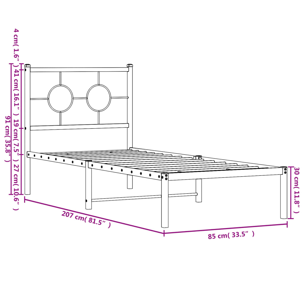 Cadre de lit métal sans matelas avec tête de lit noir 80x200 cm - XIOS