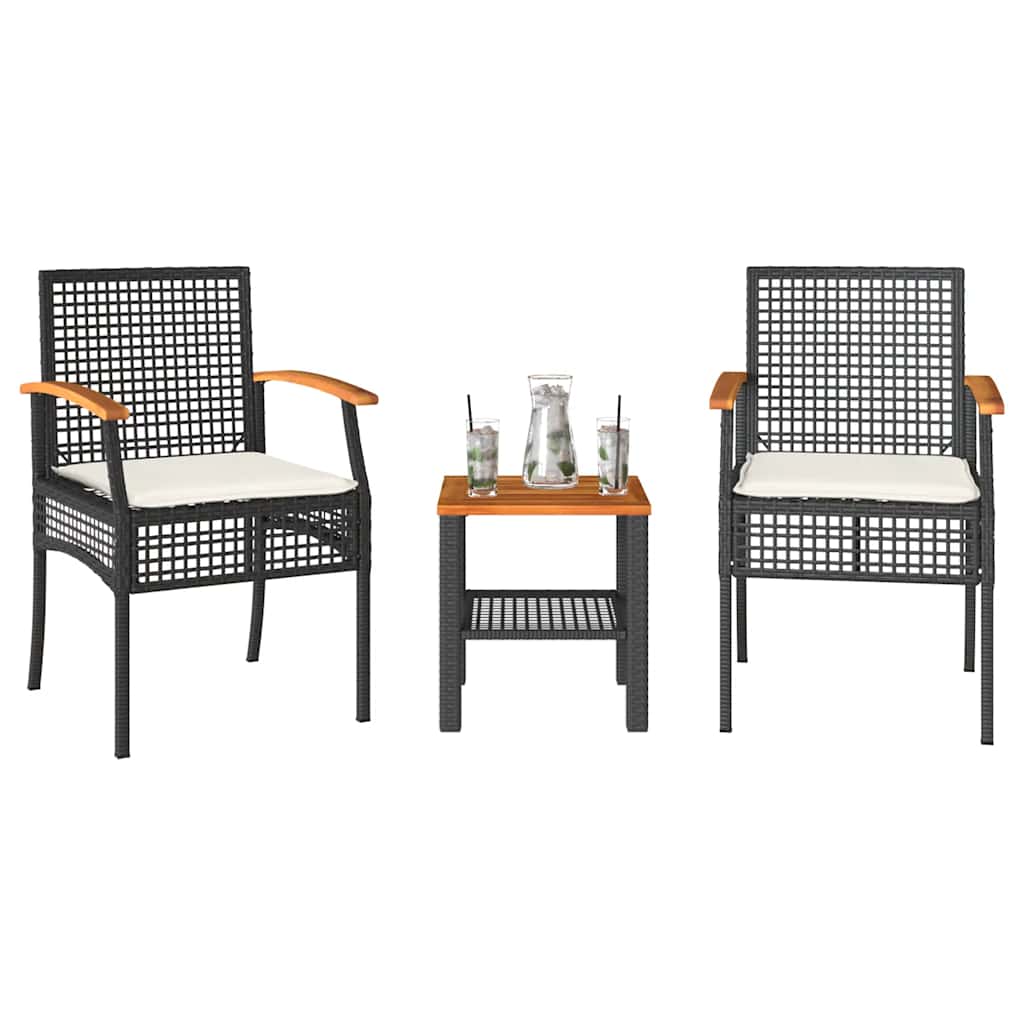Ensemble de bistro 3 pcs et coussins noir résine tressée acacia - XIOS