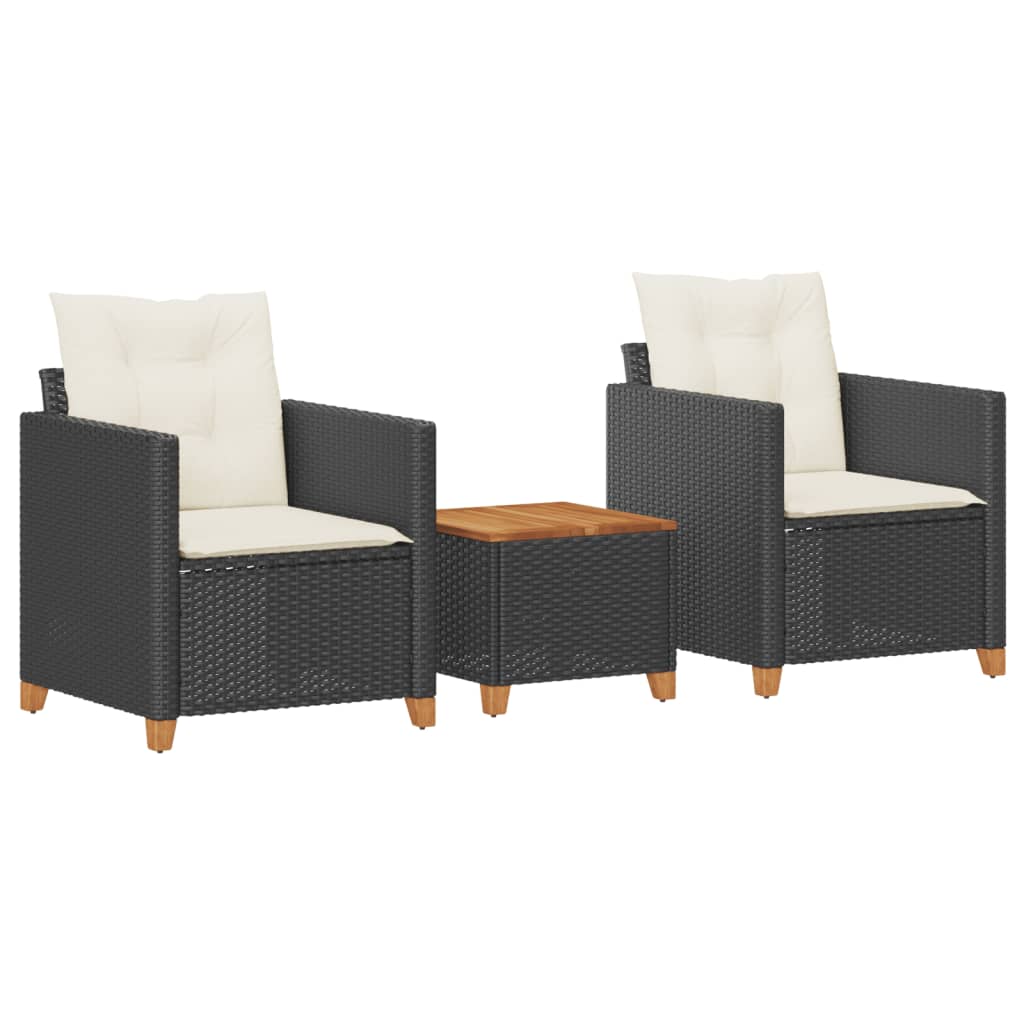 Ensemble de bistro 3 pcs et coussins noir résine tressée acacia Salons de jardin vidaXL