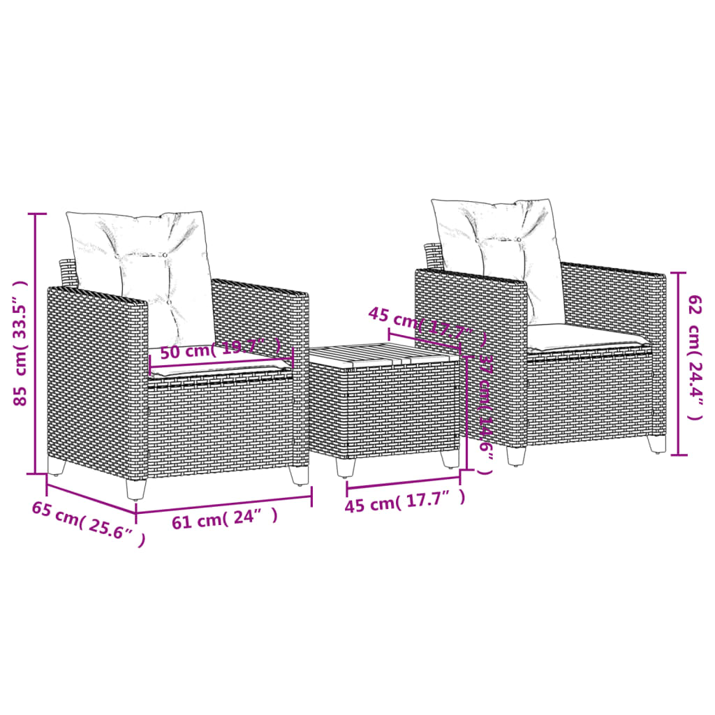 Ensemble de bistro 3 pcs et coussins gris résine tressée acacia Salons de jardin vidaXL