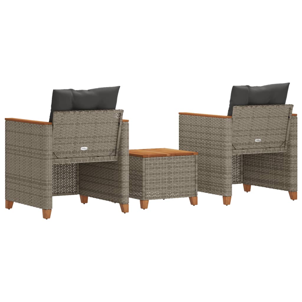 Ensemble de bistro 3 pcs et coussins gris résine tressée acacia - XIOS