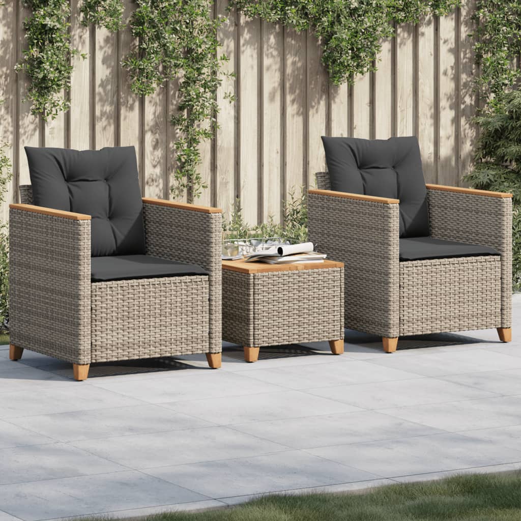 Ensemble de bistro 3 pcs et coussins gris résine tressée acacia - XIOS