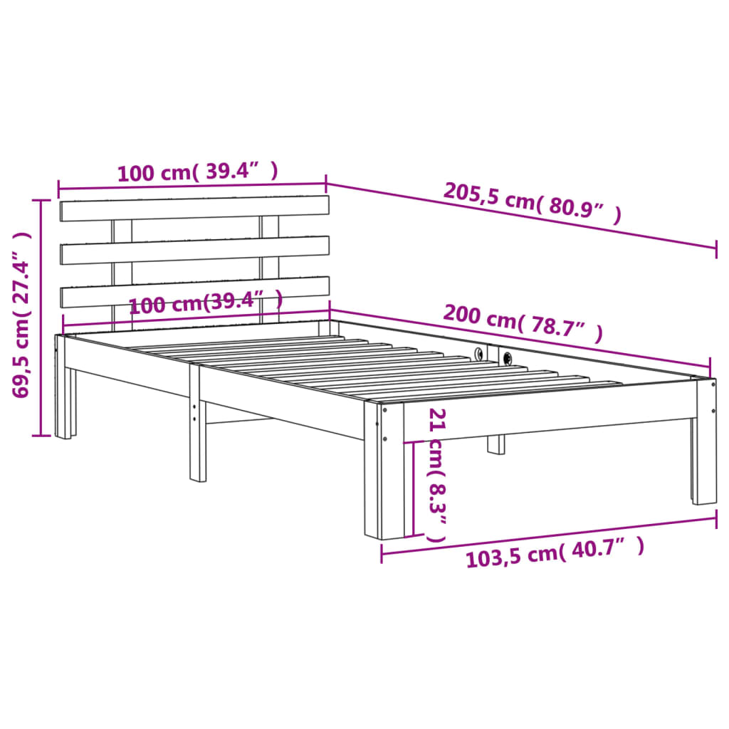 Cadre de lit sans matelas cire marron 100x200cm bois pin massif - XIOS