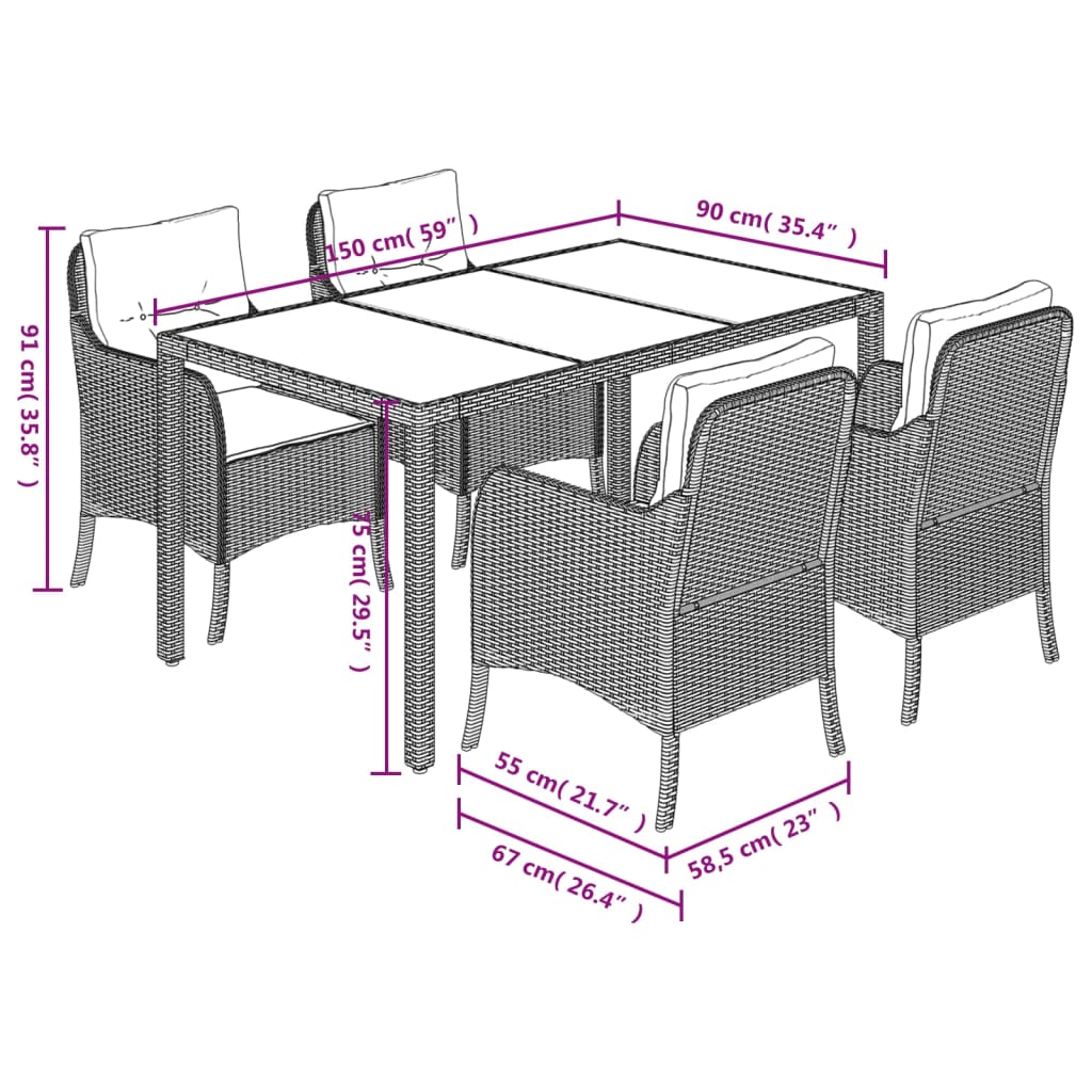 Ensemble à manger de jardin coussins 5pcs Noir Résine tressée