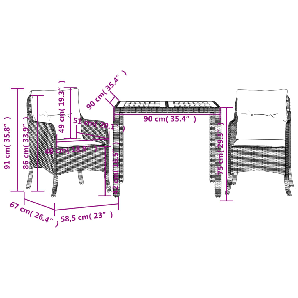 Ensemble à manger de jardin 3 pcs coussins gris résine tressée