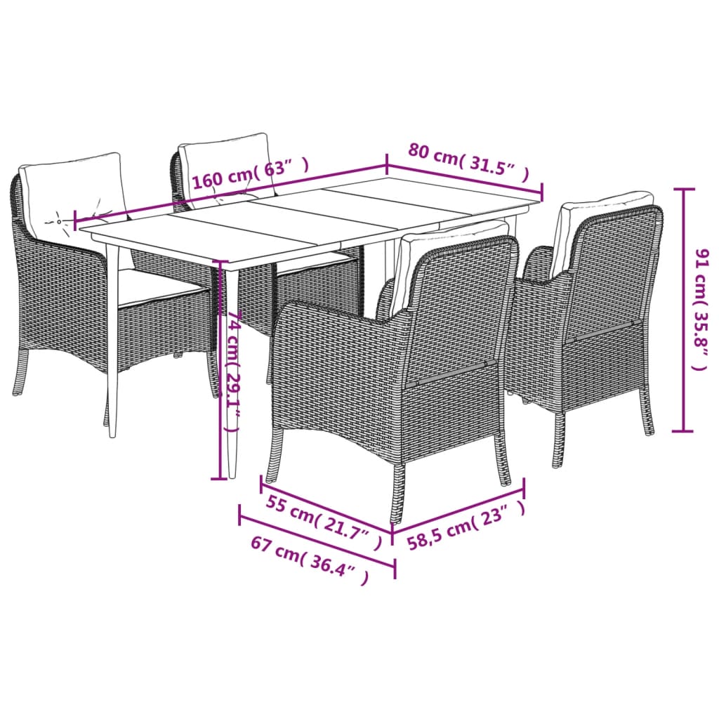 Ensemble à manger de jardin coussins 5pcs Noir Résine tressée