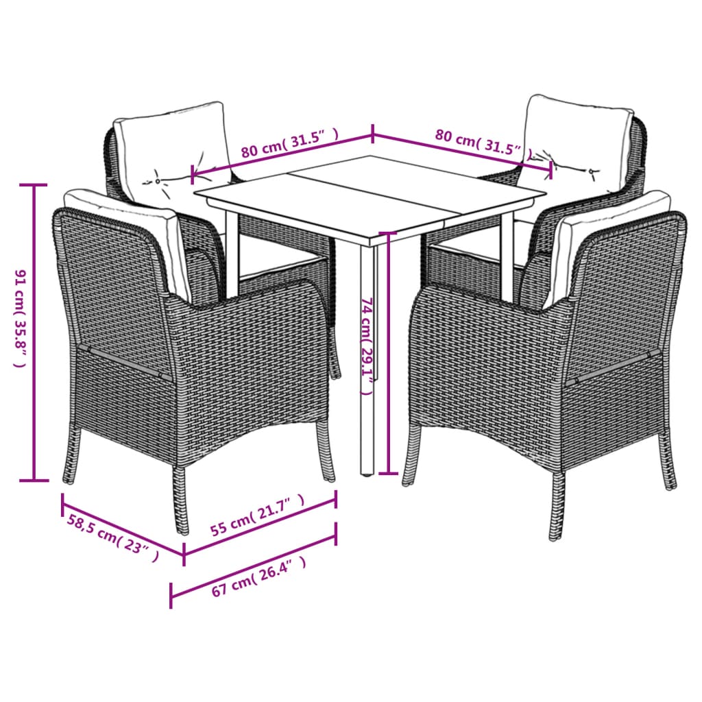 Ensemble à manger de jardin coussins 5pcs Noir Résine tressée