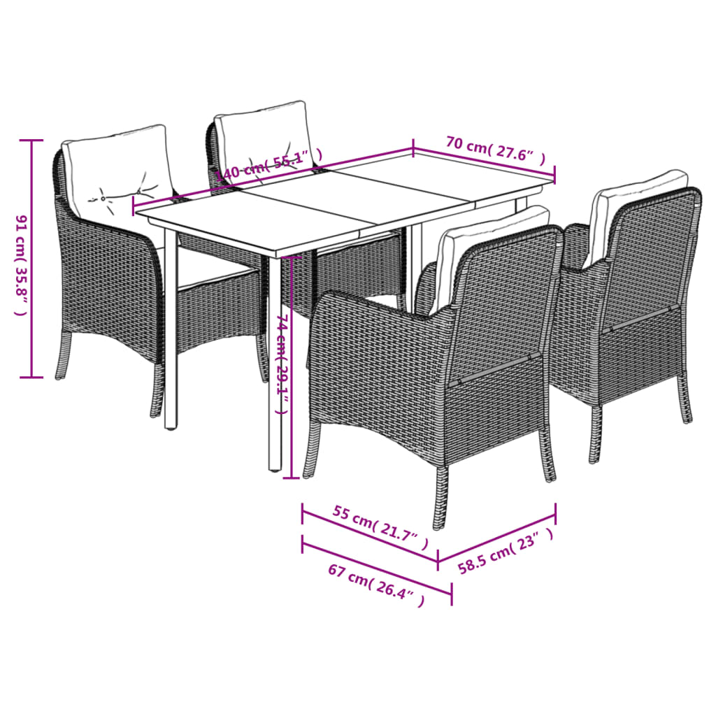 Ensemble à manger de jardin avec coussins 5pcs Beige poly rotin