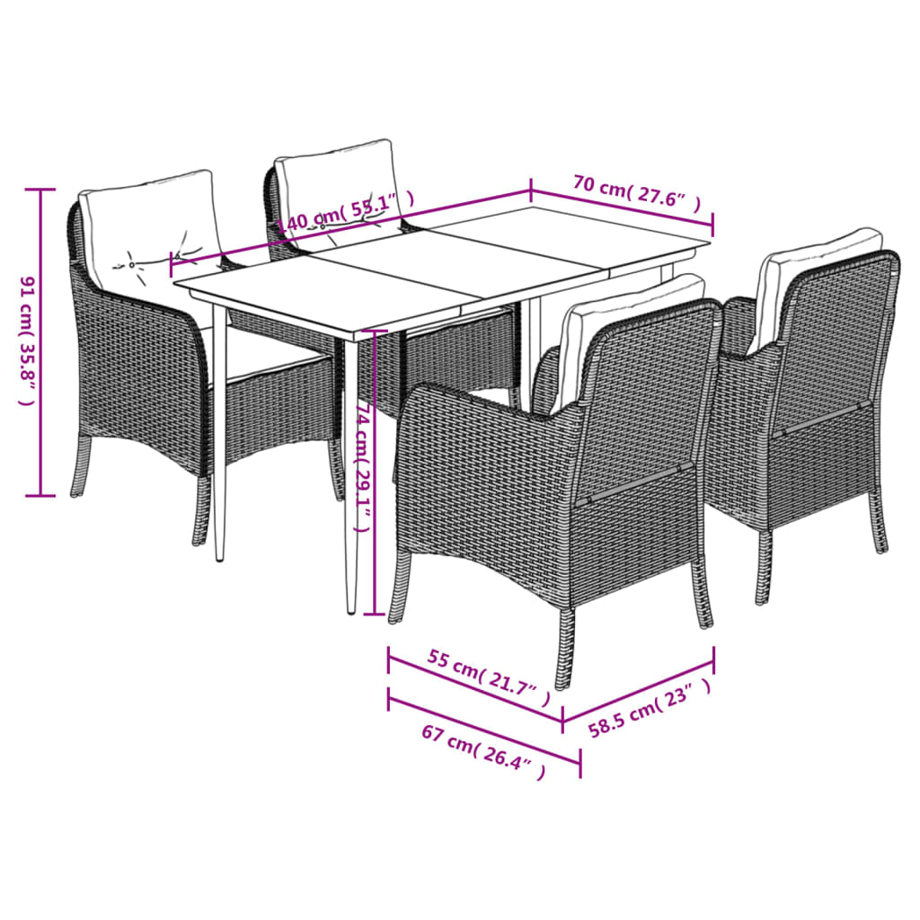 Ensemble à manger de jardin avec coussins 5pcs Beige poly rotin