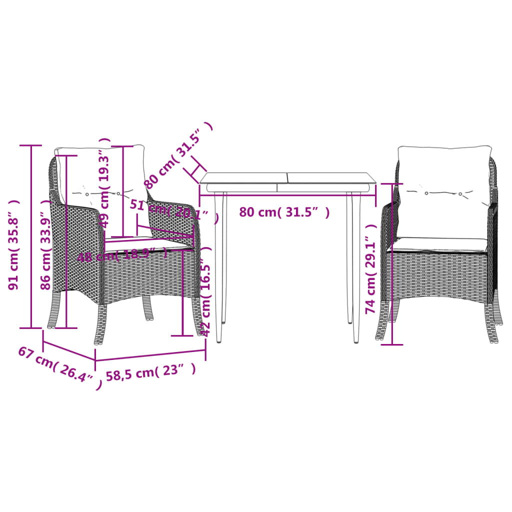 Ensemble à manger de jardin 3pcs coussins gris clair poly rotin