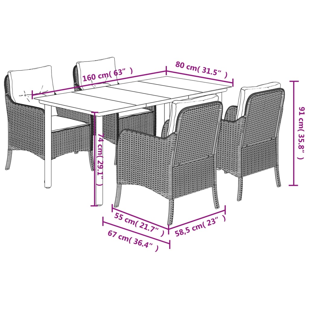 Ensemble à manger de jardin et coussins 5 pcs gris clair rotin