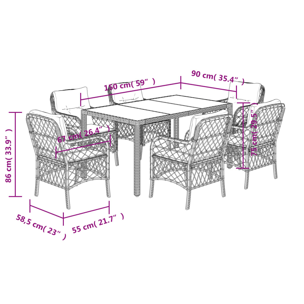Ensemble à manger de jardin coussins 7pcs Noir Résine tressée