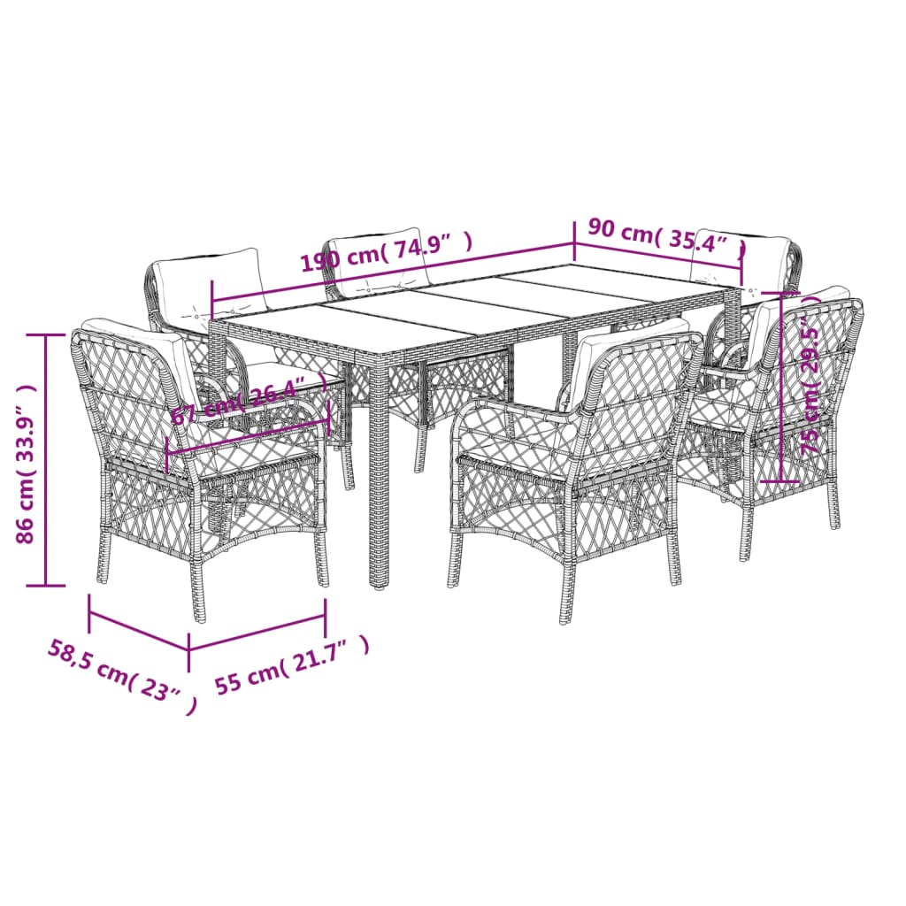 Ensemble à manger de jardin coussins 7pcs Noir Résine tressée