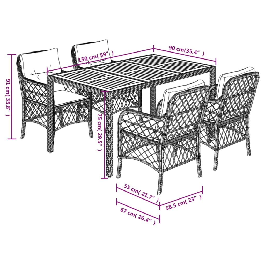 Ensemble à manger de jardin coussins 5pcs Noir Résine tressée