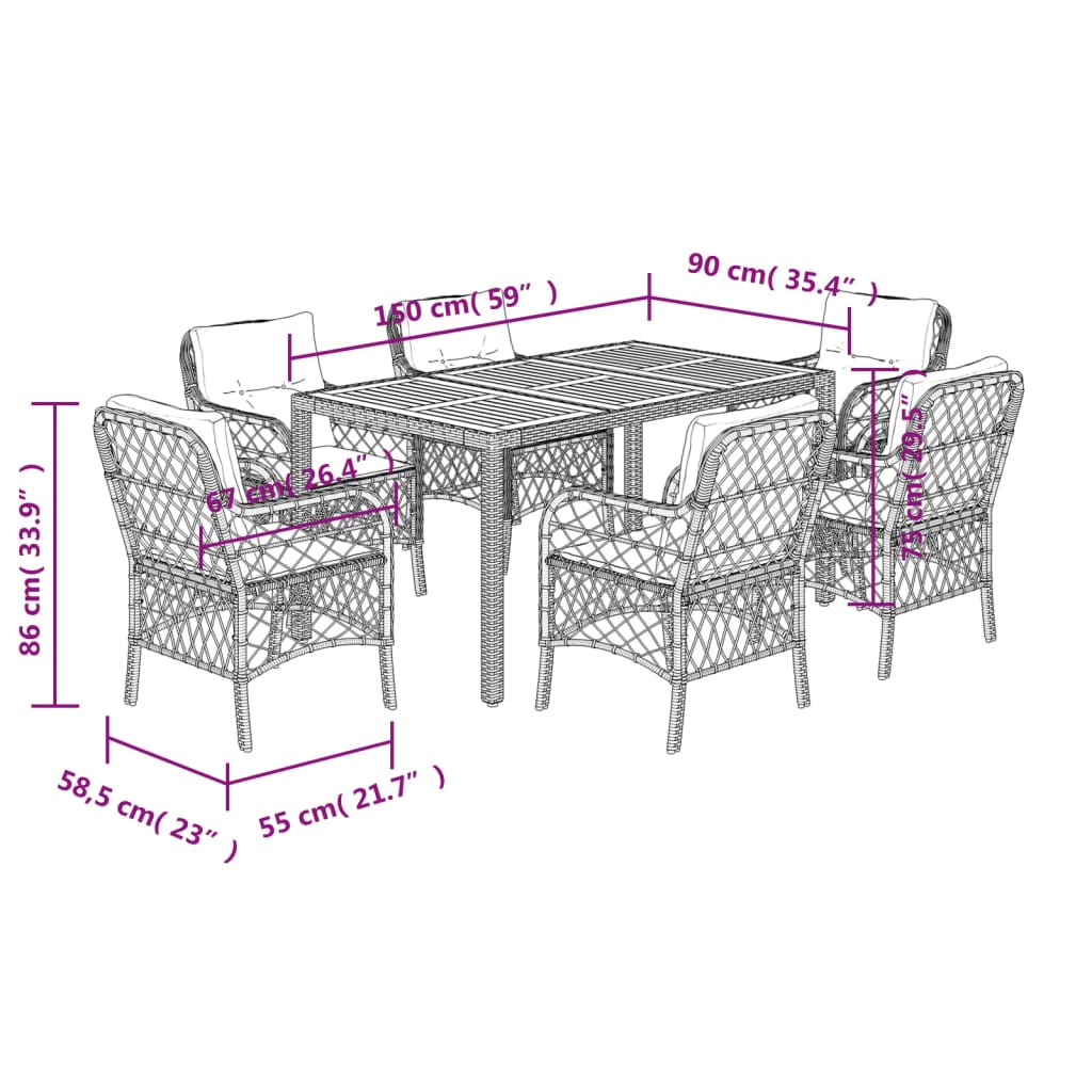 Ensemble à manger de jardin coussins 7pcs Noir Résine tressée
