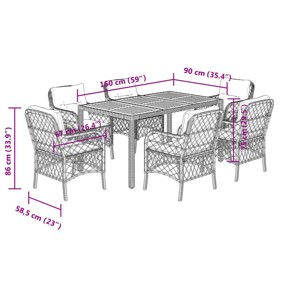 Ensemble à manger de jardin coussins 7pcs Noir Résine tressée