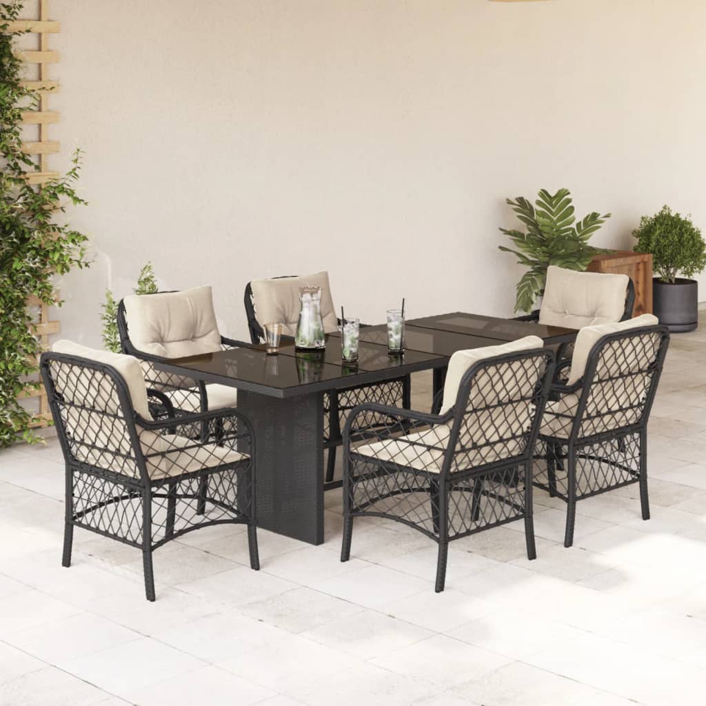 Ensemble à manger de jardin coussins 7pcs Noir Résine tressée