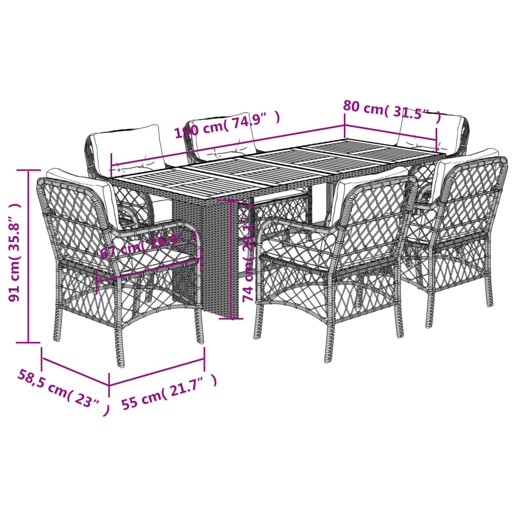 Ensemble à manger de jardin coussins 7pcs Noir Résine tressée