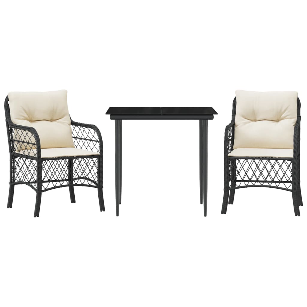 Ensemble de bistro 3 pcs avec coussins noir résine tressée