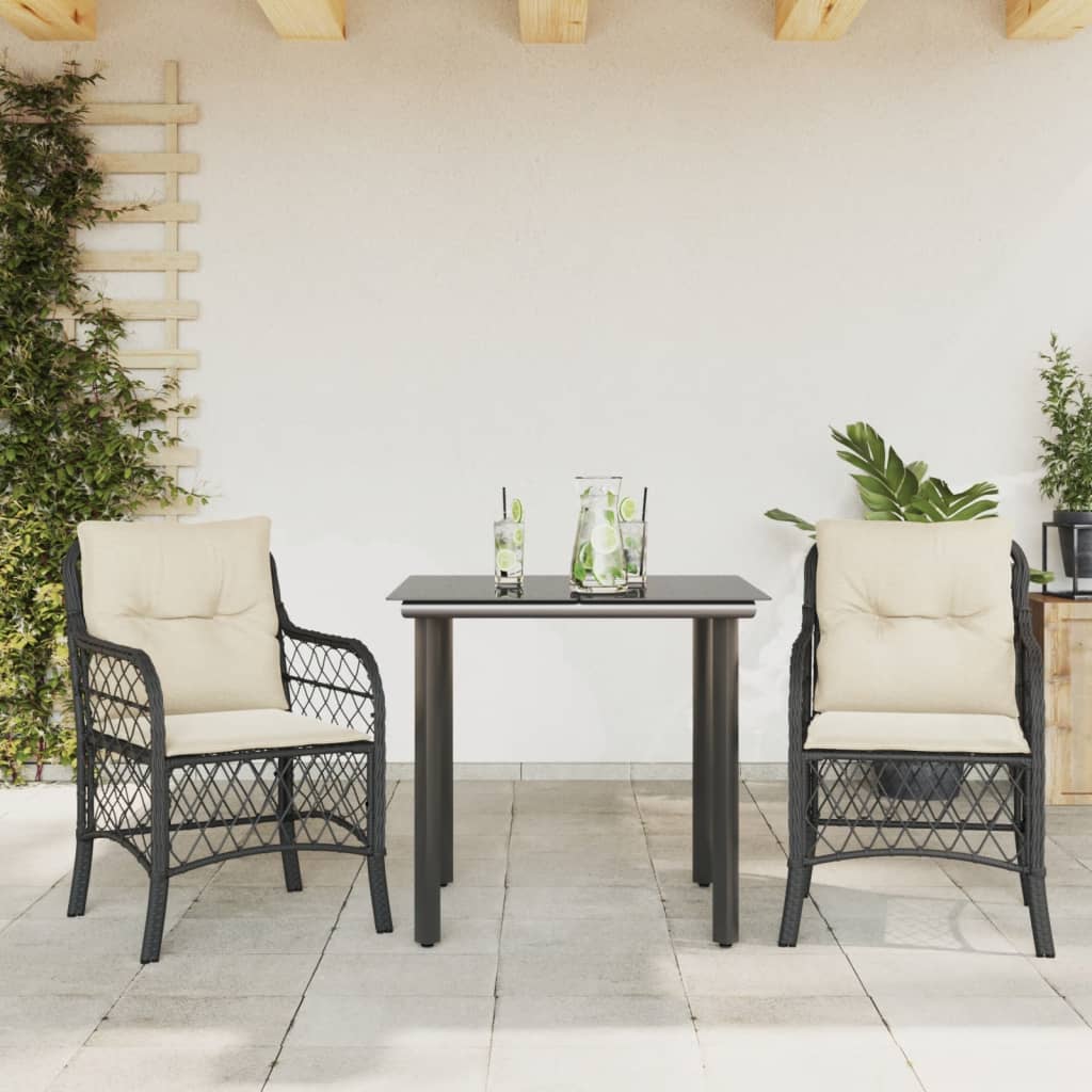 Ensemble de bistro 3 pcs avec coussins noir résine tressée
