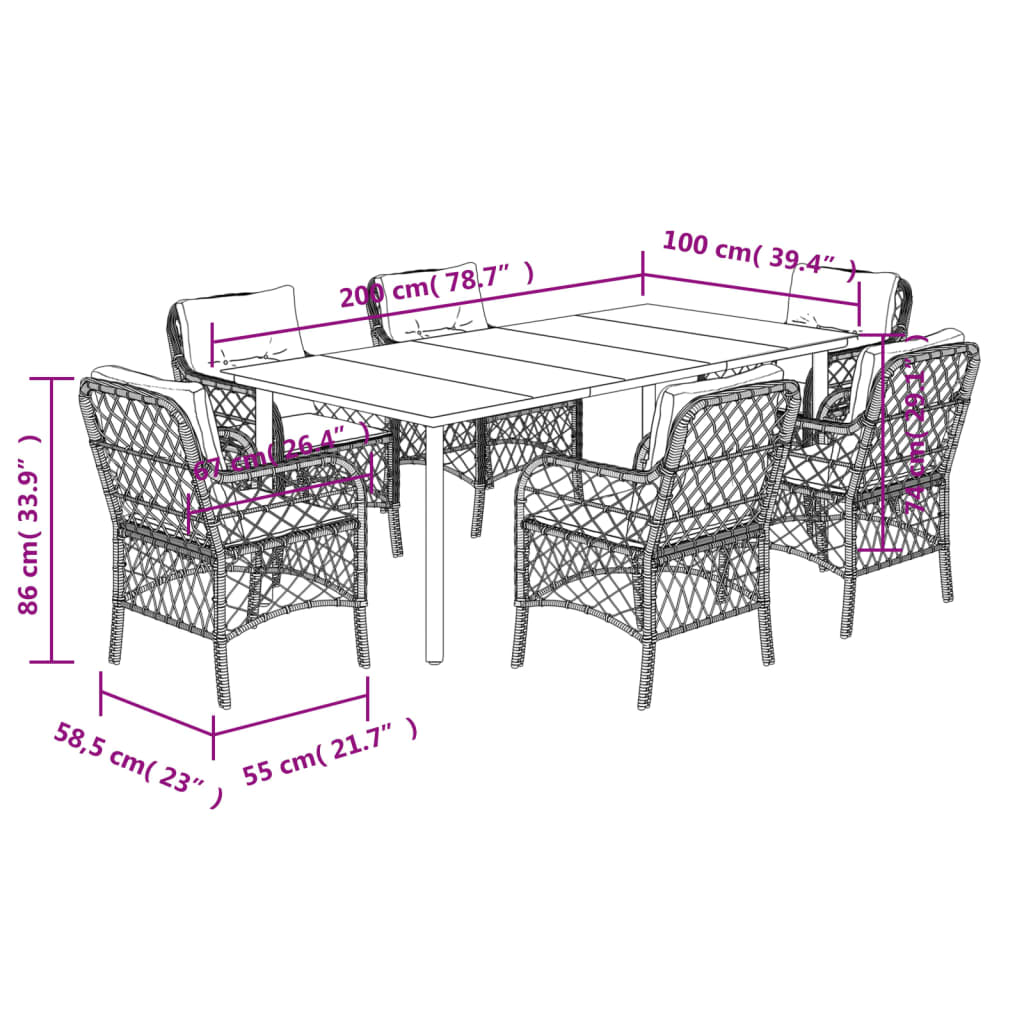 Ensemble à manger de jardin coussins 7pcs Noir Résine tressée