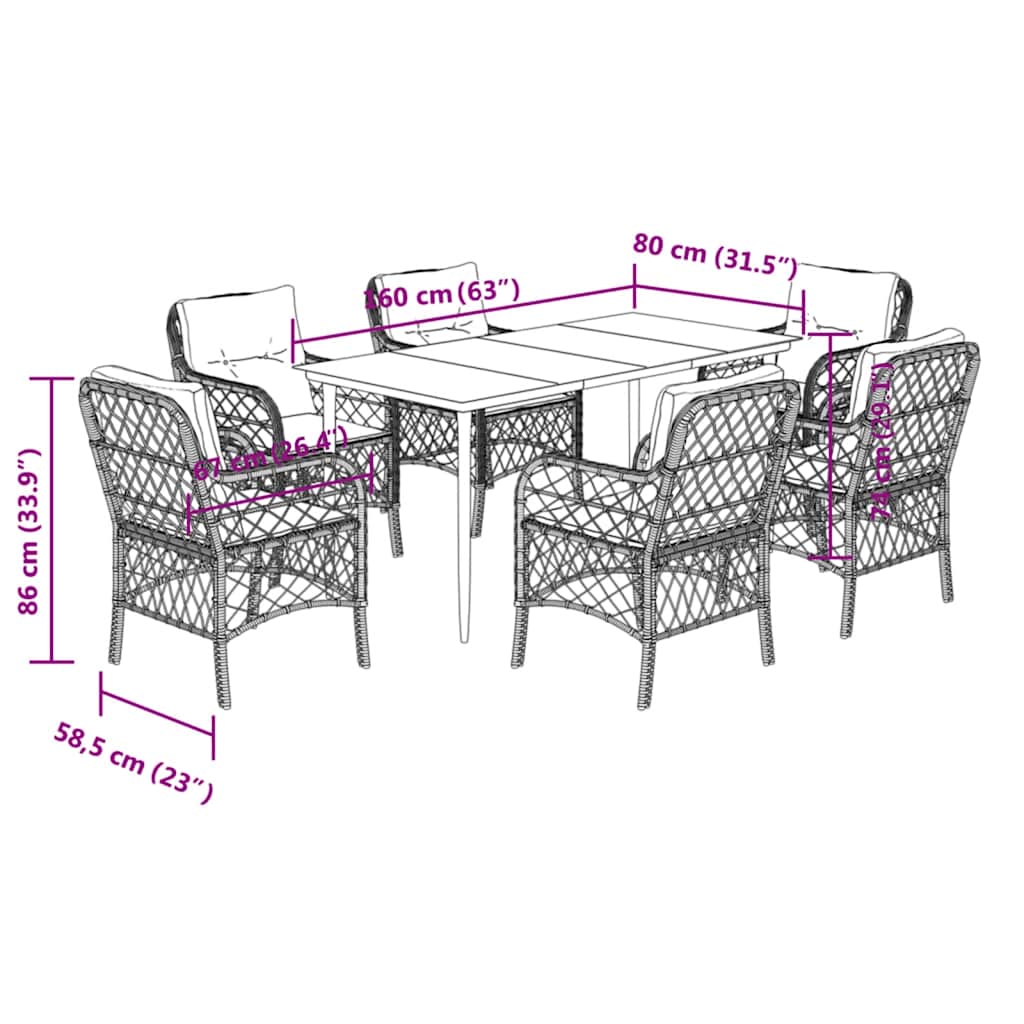Ensemble à manger de jardin coussins 7pcs Noir Résine tressée