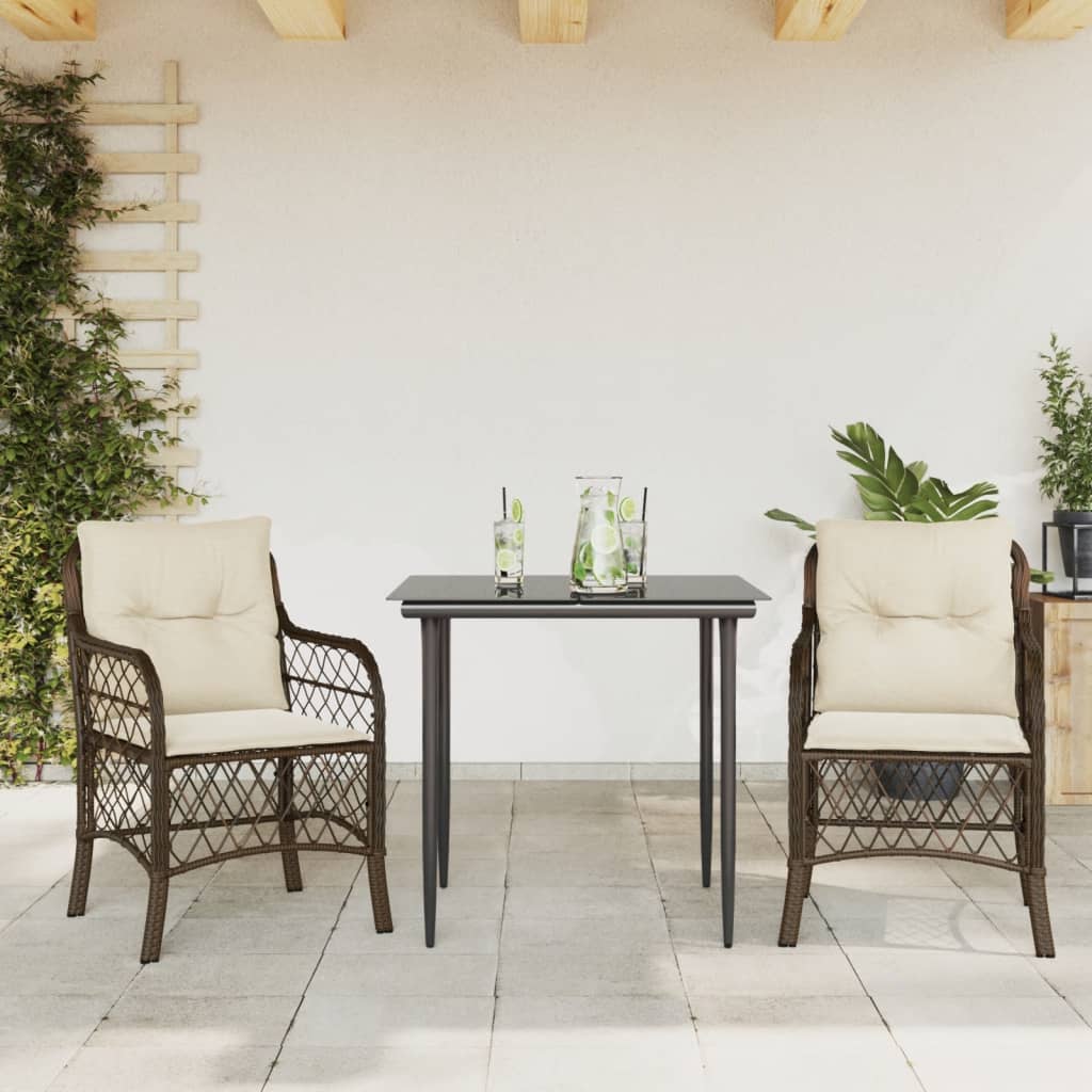 Ensemble de bistro 3 pcs avec coussins marron résine tressée