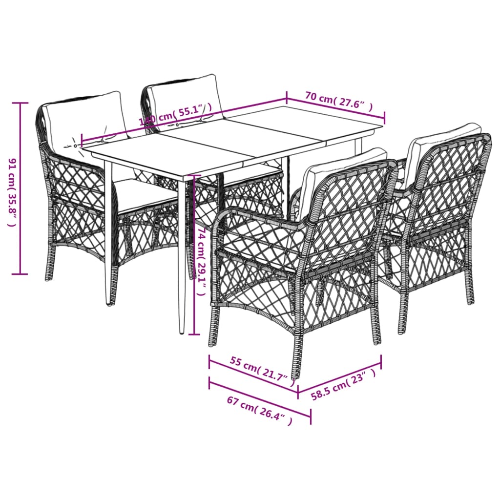 Ensemble à manger de jardin 5 pcs et coussins marron poly rotin