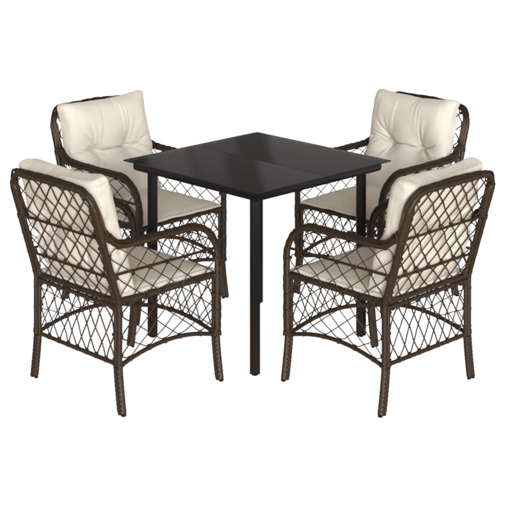 Ensemble à manger de jardin 5 pcs et coussins marron poly rotin
