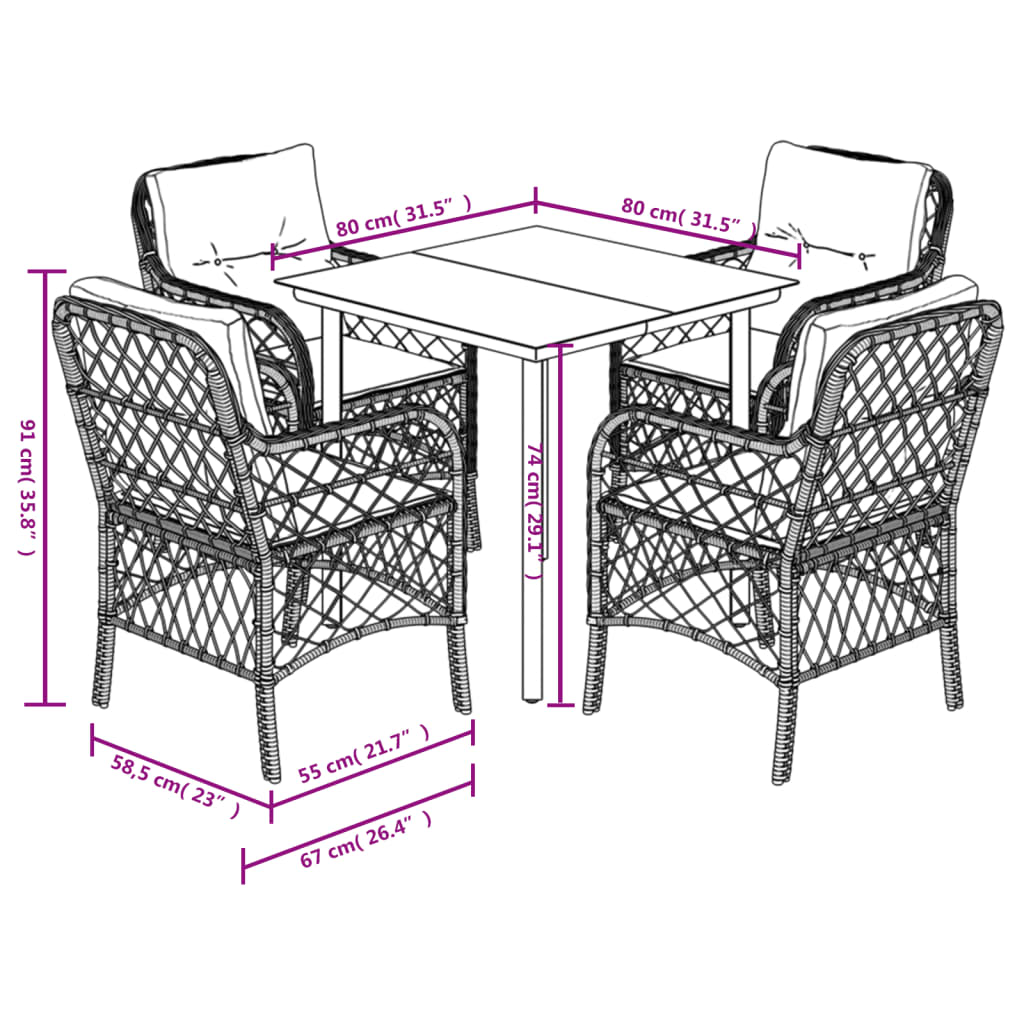 Ensemble à manger de jardin 5 pcs et coussins marron poly rotin