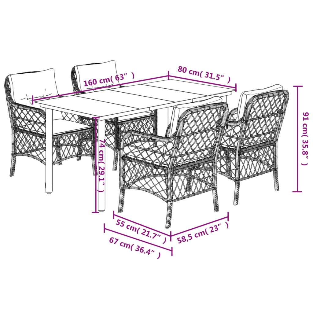 Ensemble à manger de jardin 5 pcs et coussins marron poly rotin