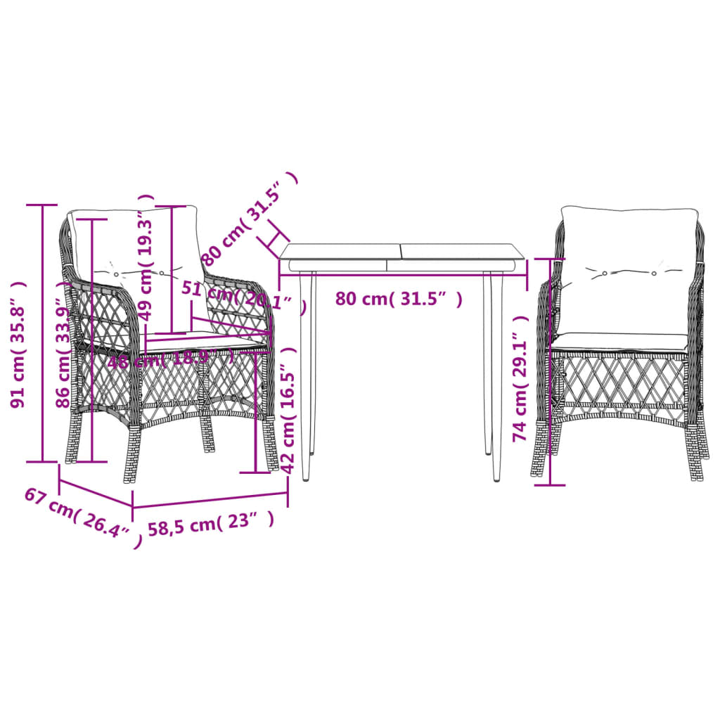 Ensemble de bistro 3 pcs avec coussins beige résine tressée