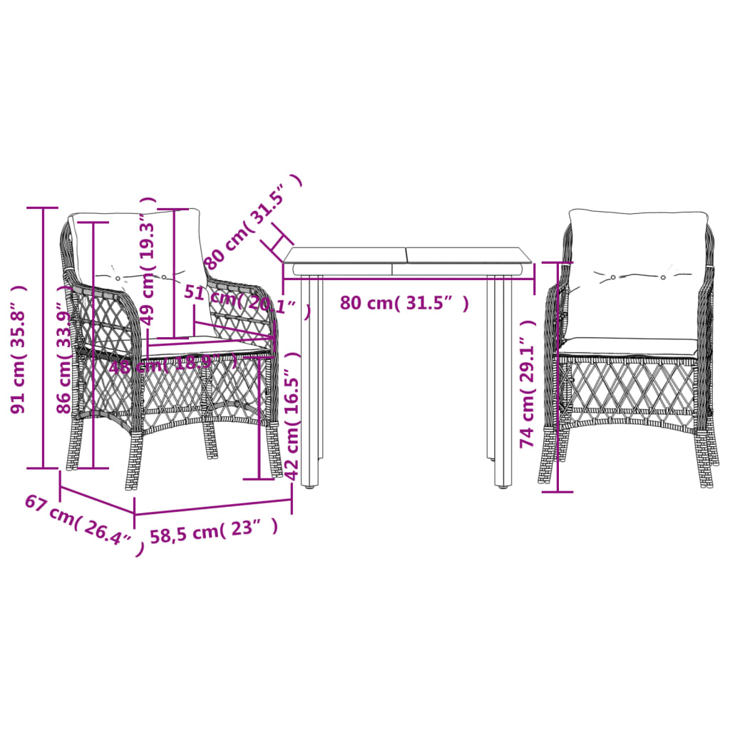 Ensemble de bistro 3 pcs avec coussins beige résine tressée