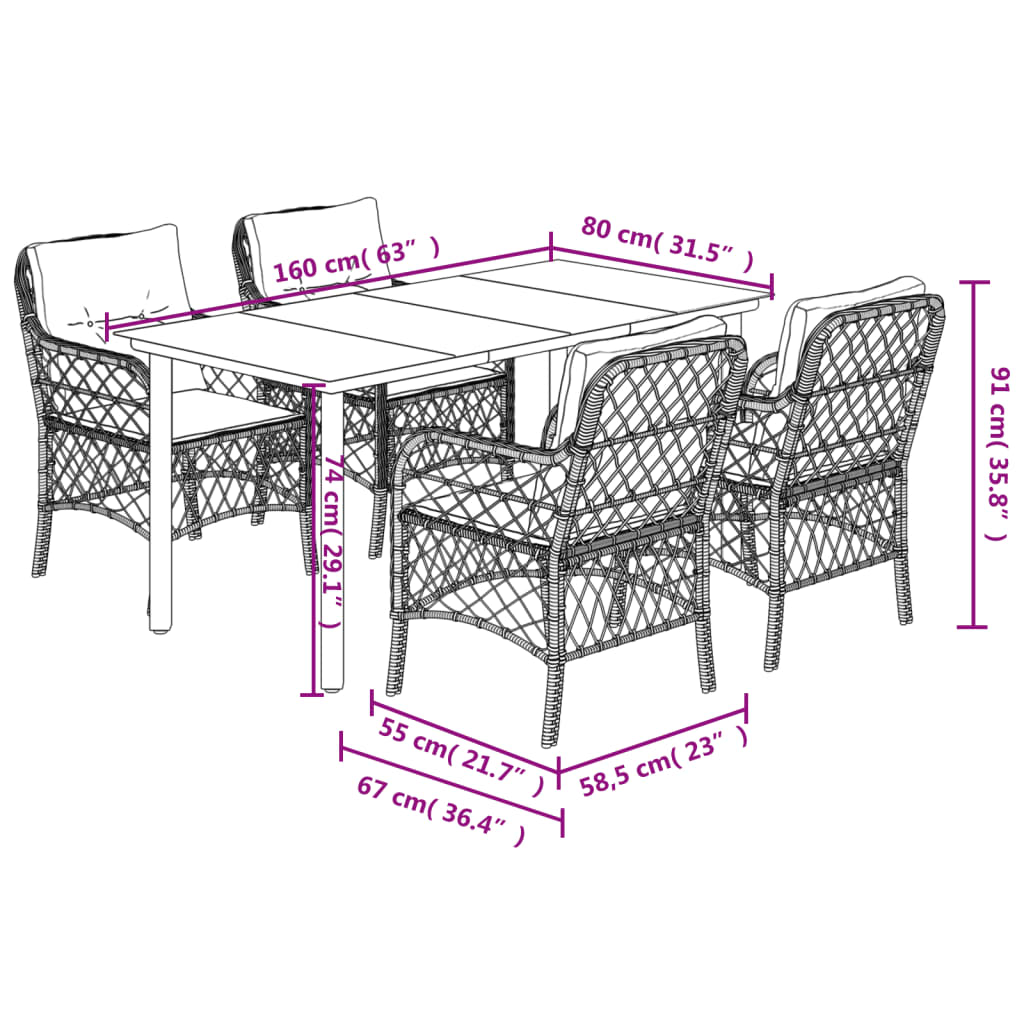 Ensemble à manger de jardin coussins 5 pcs mélange beige rotin