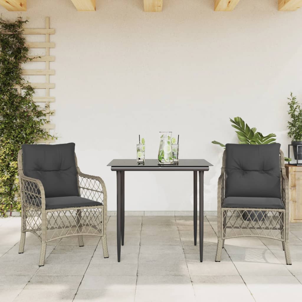 Ensemble de bistro 3 pcs et coussins gris clair résine tressée