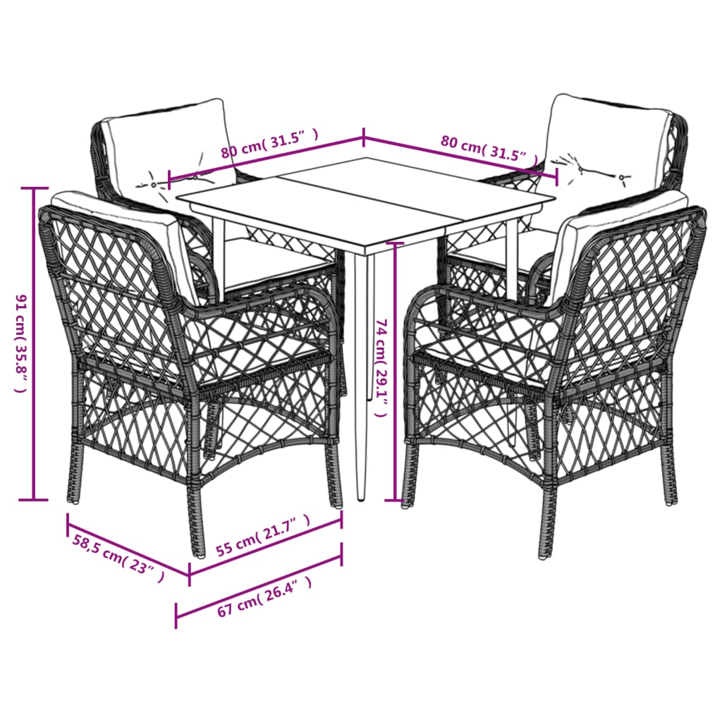Ensemble à manger de jardin et coussins 5 pcs gris clair rotin
