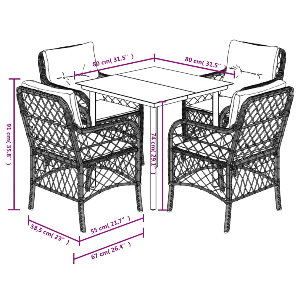 Ensemble à manger de jardin et coussins 5 pcs gris clair rotin