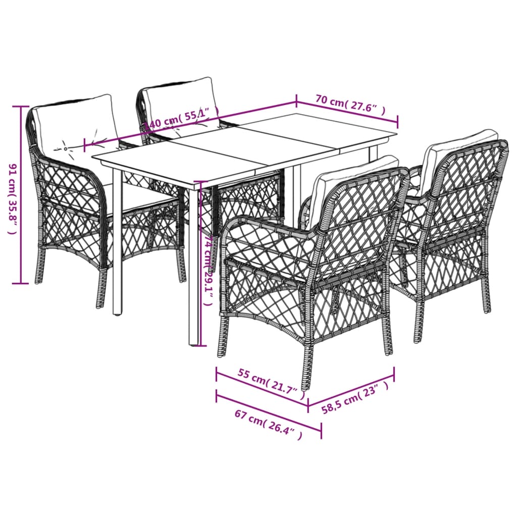 Ensemble à manger de jardin et coussins 5 pcs gris clair rotin