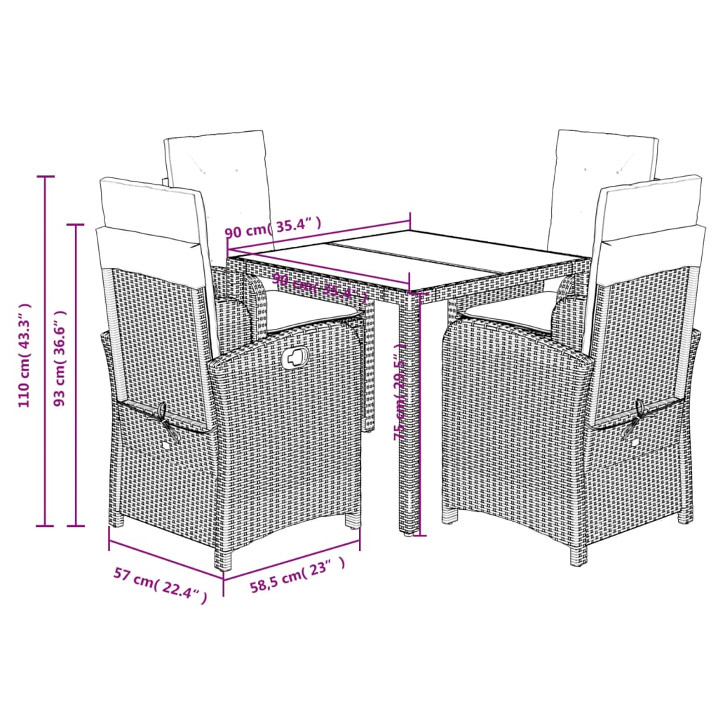 Ensemble à manger de jardin coussins 5pcs Noir Résine tressée
