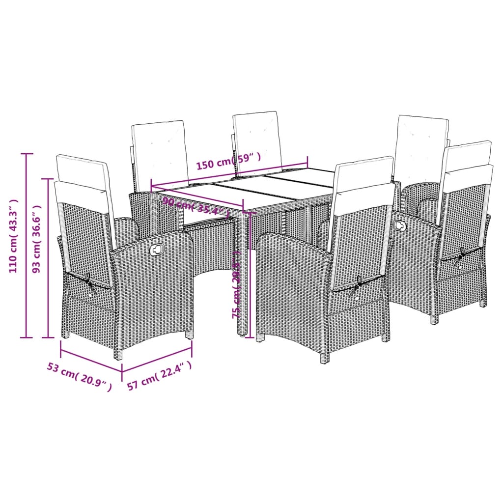 Ensemble à manger de jardin coussins 7pcs Noir Résine tressée