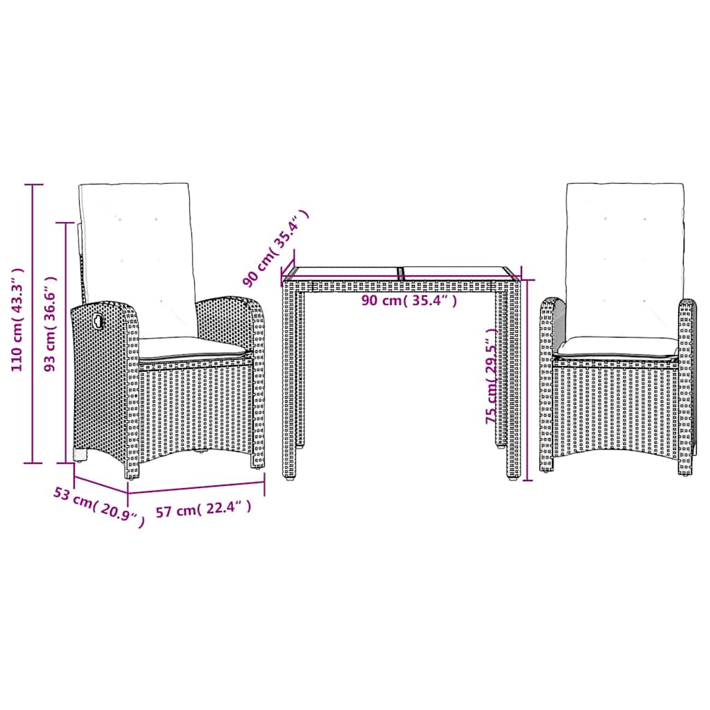 Ensemble à manger de jardin avec coussins 3 pcs Noir