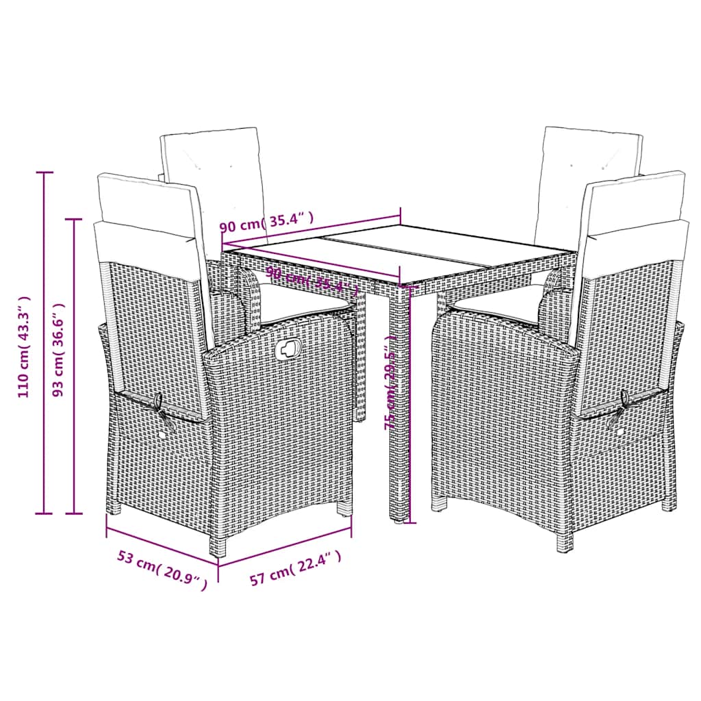 Ensemble à manger de jardin coussins 5pcs Noir Résine tressée