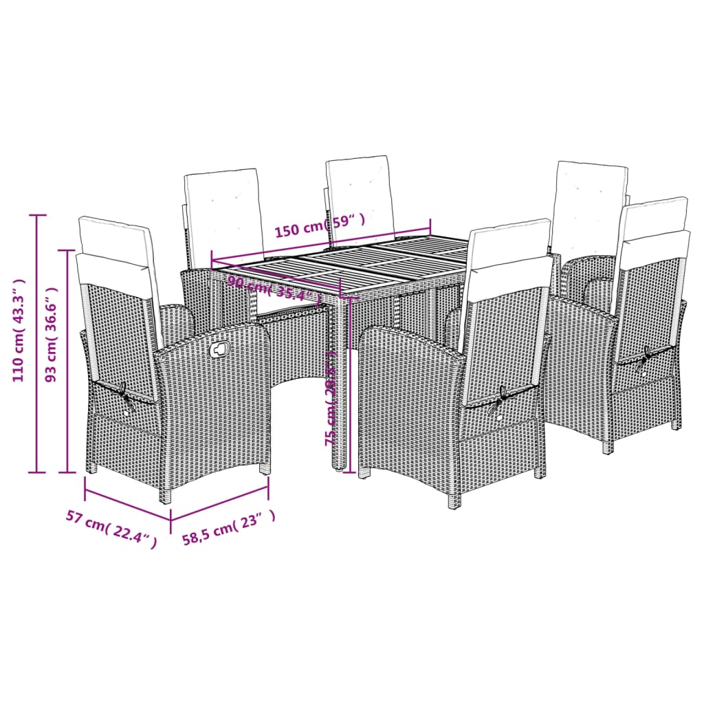 Ensemble à manger de jardin coussins 7pcs Noir Résine tressée