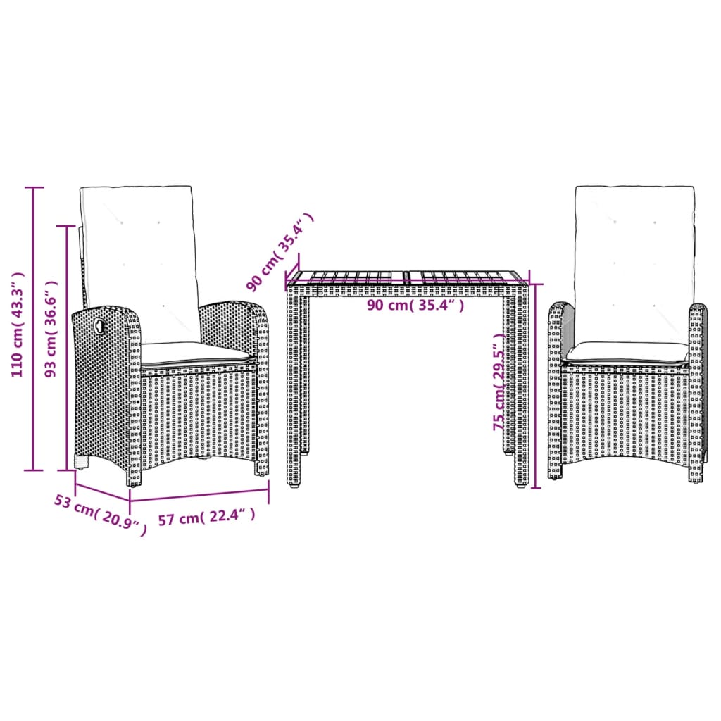 Ensemble à manger de jardin avec coussins 3 pcs Noir