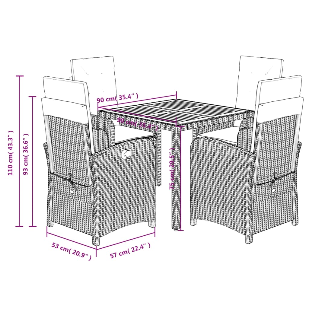 Ensemble à manger de jardin coussins 5pcs Noir Résine tressée